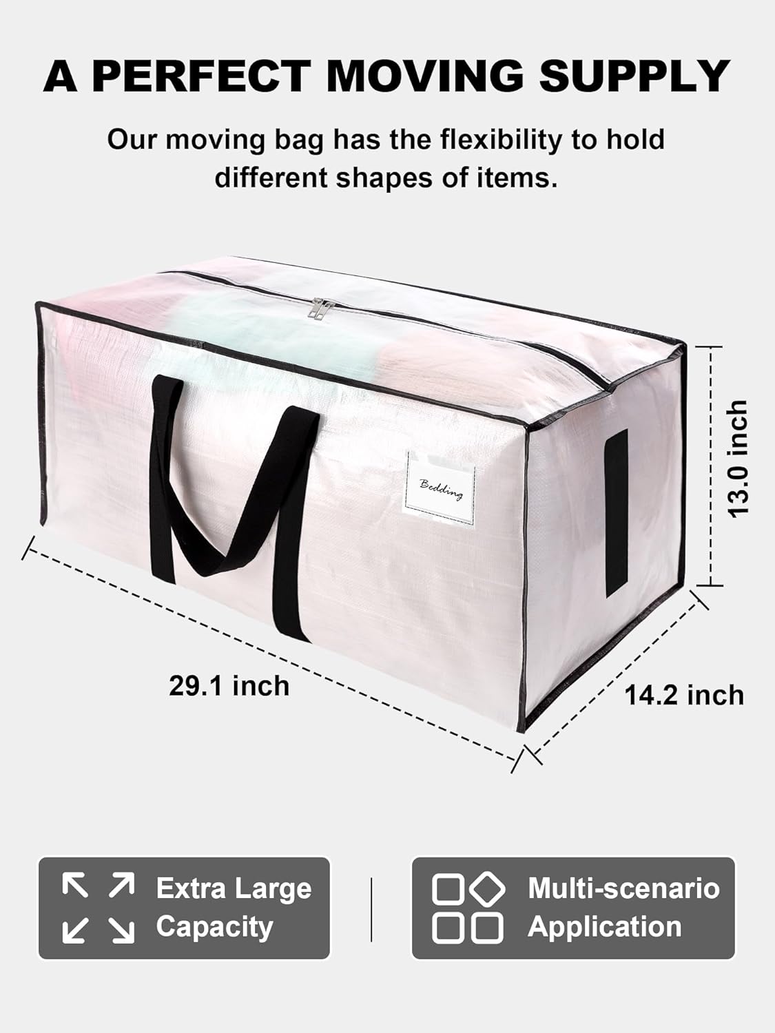 HOMESURE Supports 200lbs Heavy Duty Moving Bags - Strong Zipper & Wrap-Around Handles - Water-Resistant Storage Totes. Durable Alternative to Moving Boxes - 8 Pack - Semi-Transparent - Image 5