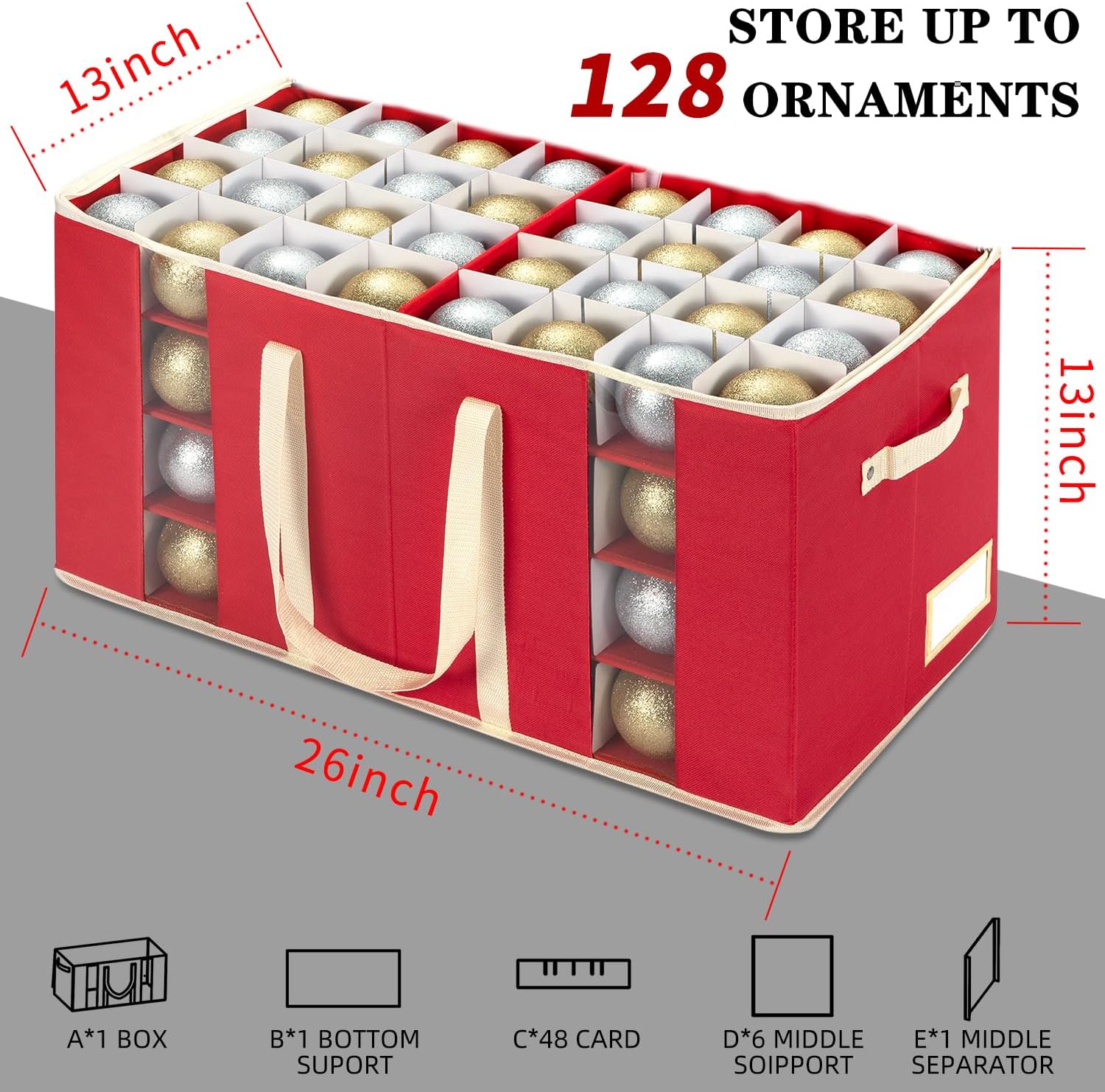 JY COOKMENT Christmas Ornament Storage Box with Adjustable Dividers. Large Holiday Ornaments Storage Container Bin with Zippered Top for Xmas Decorations (128-3 Balls. Red. Without Tray) - Image 2