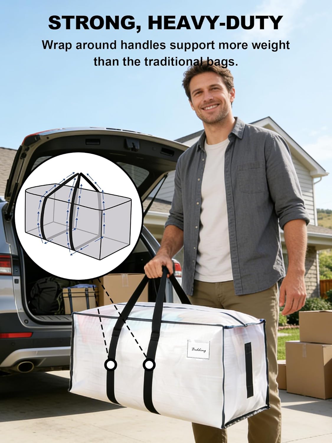 HOMESURE Supports 200lbs Heavy Duty Moving Bags - Strong Zipper & Wrap-Around Handles - Water-Resistant Storage Totes. Durable Alternative to Moving Boxes - 8 Pack - Semi-Transparent - Image 2