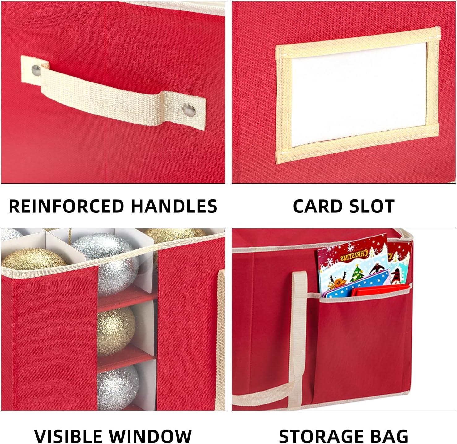 JY COOKMENT Christmas Ornament Storage Box with Adjustable Dividers. Large Holiday Ornaments Storage Container Bin with Zippered Top for Xmas Decorations (128-3 Balls. Red. Without Tray) - Image 5