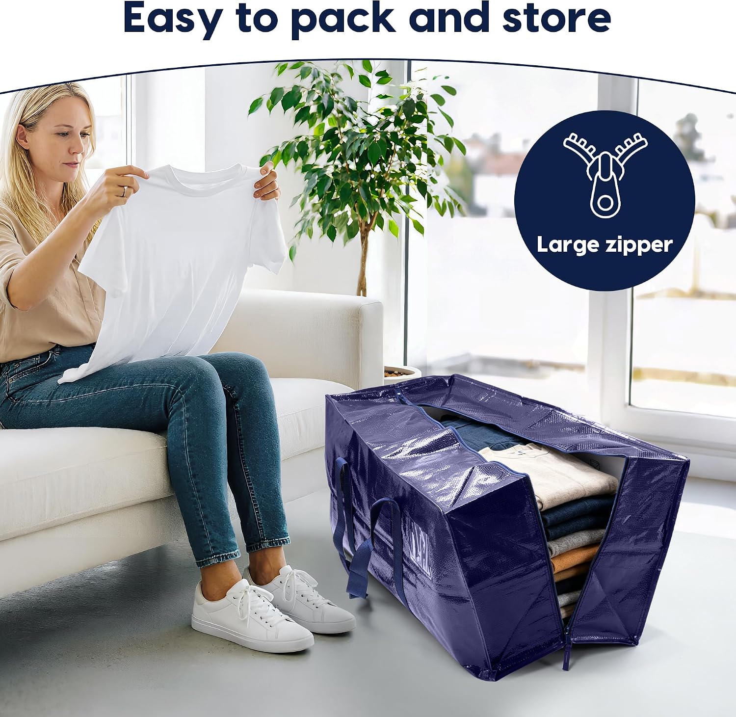 6 Pack Moving Bags Heavy Duty 210GSM with Full-Open Side Zipper. 93L 220lbs Waterproof Foldable Storage Totes for College Dorm Move-In. Moving Boxes Alternative & Home Organization. Blue - Image 3