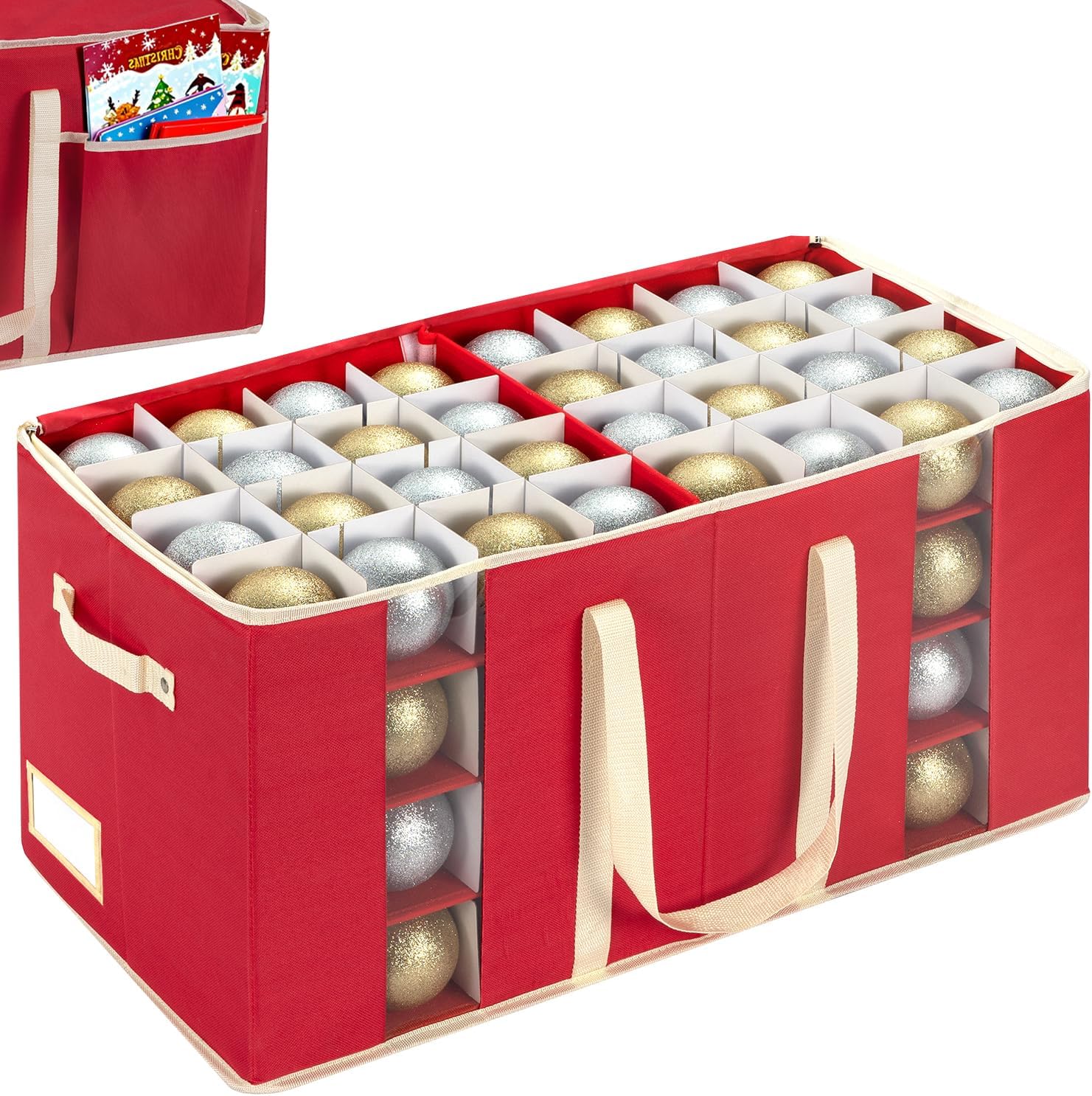 JY COOKMENT Christmas Ornament Storage Box with Adjustable Dividers. Large Holiday Ornaments Storage Container Bin with Zippered Top for Xmas Decorations (128-3 Balls. Red. Without Tray)