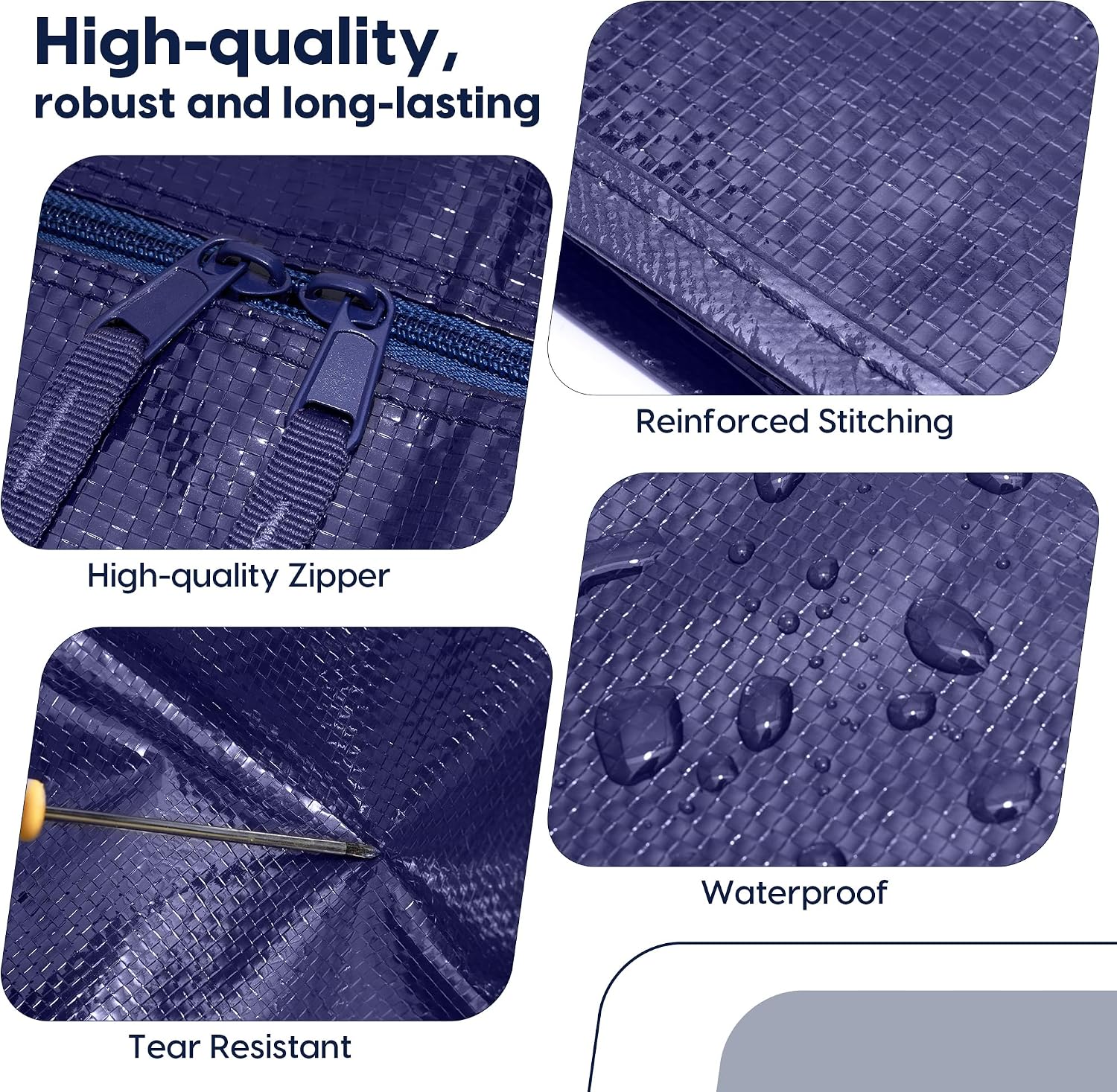 6 Pack Moving Bags Heavy Duty 210GSM with Full-Open Side Zipper. 93L 220lbs Waterproof Foldable Storage Totes for College Dorm Move-In. Moving Boxes Alternative & Home Organization. Blue - Image 5