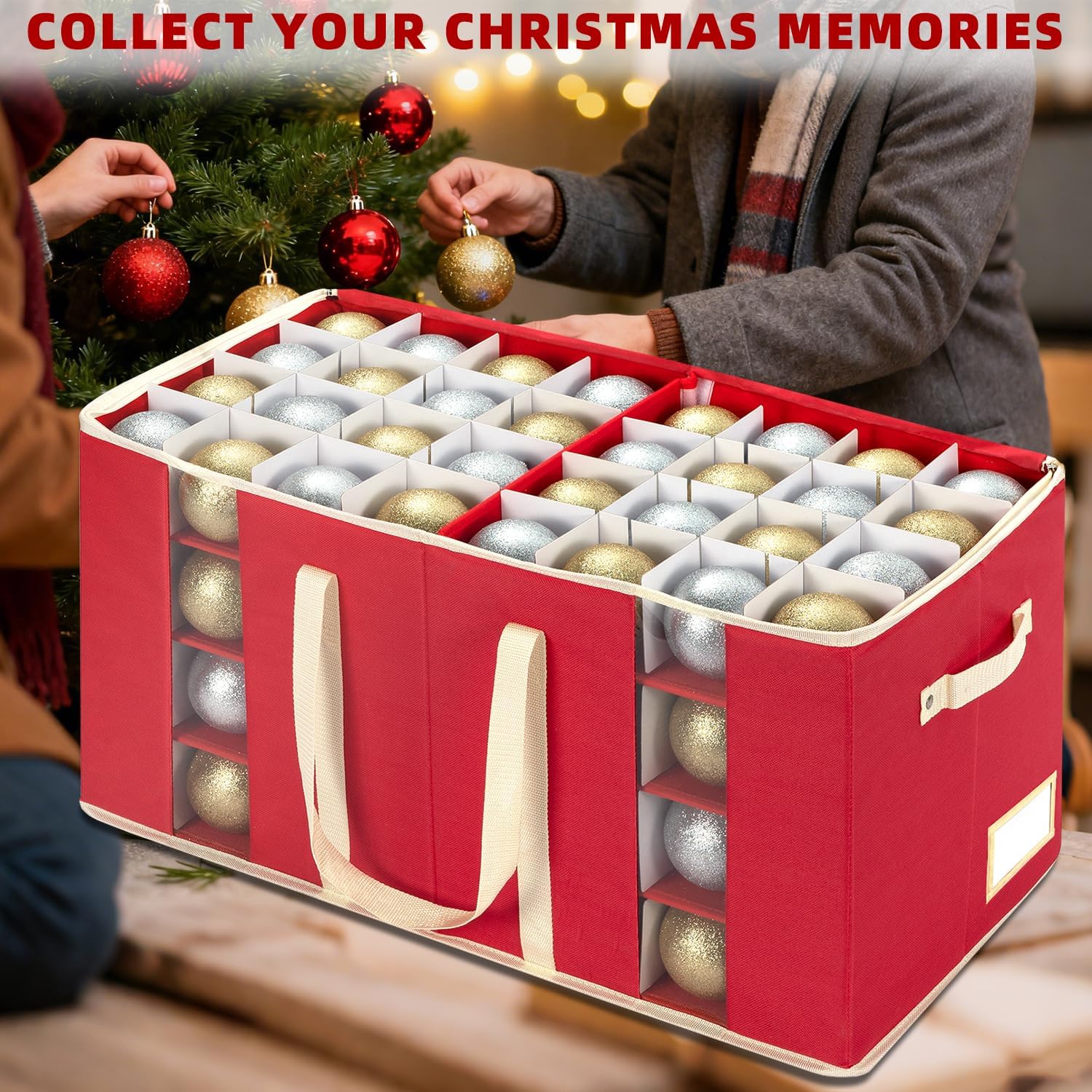 JY COOKMENT Christmas Ornament Storage Box with Adjustable Dividers. Large Holiday Ornaments Storage Container Bin with Zippered Top for Xmas Decorations (128-3 Balls. Red. Without Tray) - Image 3